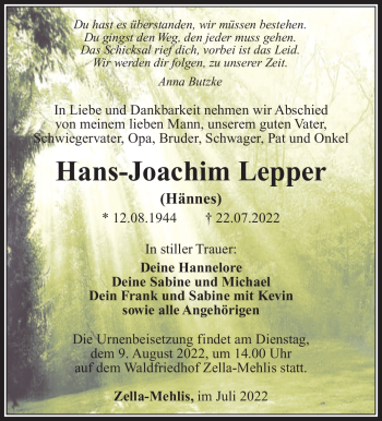 Traueranzeige von Hans-Joachim Lepper von Südthüringer Presse