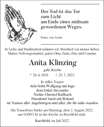 Traueranzeige von Anita Klinzing von Südthüringer Presse