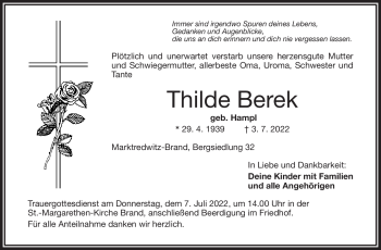 Traueranzeige von Thilde Berek von Frankenpost