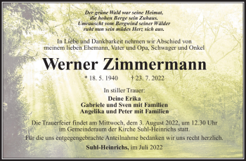 Traueranzeige von Werner Zimmermann von Südthüringer Presse