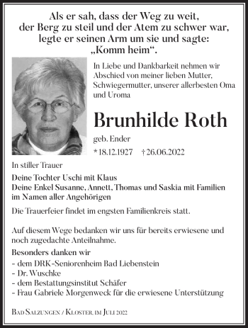 Traueranzeige von Brunhilde Roth von Südthüringer Presse