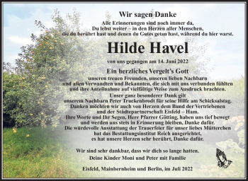 Traueranzeige von Hilde Havel von Südthüringer Presse