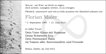 Traueranzeige von Florian Maier von Frankenpost