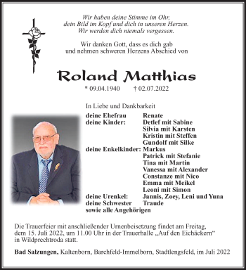 Traueranzeige von Roland Matthias von Südthüringer Presse