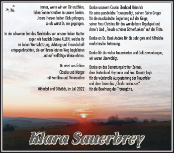 Traueranzeige von Klara Sauerbrey von Südthüringer Presse