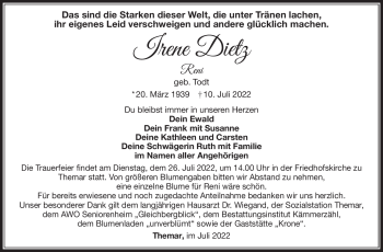 Traueranzeige von Irene Dietz von Südthüringer Presse
