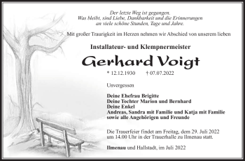 Traueranzeige von Gerhard Voigt von Südthüringer Presse