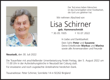 Traueranzeige von Lisa Schirner von Neue Presse Coburg