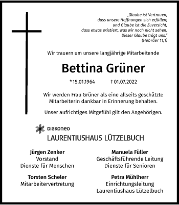 Traueranzeige von Bettina Grüner von Neue Presse Coburg