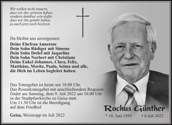 Traueranzeige von Rochus Günther von Südthüringer Presse