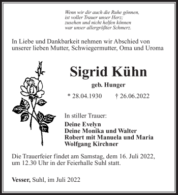 Traueranzeige von Sigrid Kühn von Südthüringer Presse