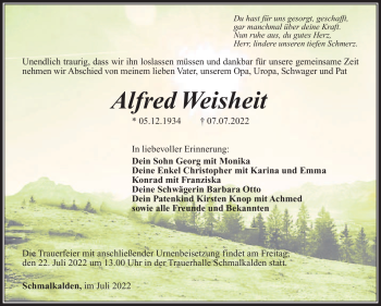 Traueranzeige von Alfred Weisheit von Südthüringer Presse