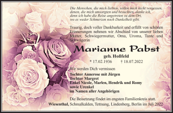 Traueranzeige von Marianne Pabst von Südthüringer Presse