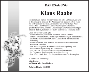 Traueranzeige von Klaus Raabe von Südthüringer Presse