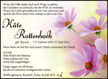Traueranzeige von Käte Rottenbach von Südthüringer Presse