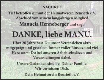 Traueranzeige von Manuela Henneberger von Südthüringer Presse