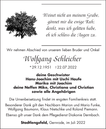 Traueranzeige von Wolfgang Schleicher von Südthüringer Presse