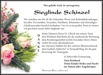 Traueranzeige von Sieglinde Schinzel von Südthüringer Presse