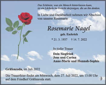 Traueranzeige von Rosemarie Nagel von Südthüringer Presse