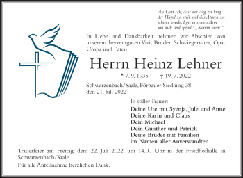 Traueranzeige von Heinz Lehner von Frankenpost