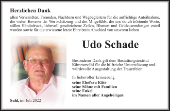 Traueranzeige von Udo Schade von Südthüringer Presse