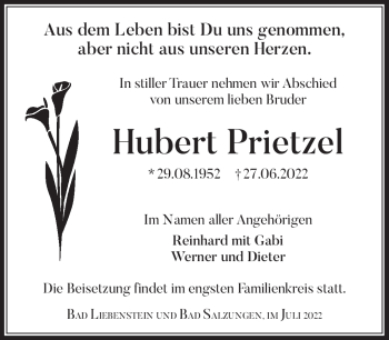 Traueranzeige von Hubert Prietzel von Südthüringer Presse