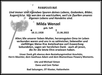 Traueranzeige von Milda Wenzel von Südthüringer Presse