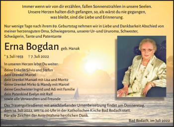Traueranzeige von Erna Bogdan von Südthüringer Presse