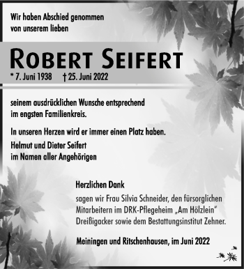 Traueranzeige von Robert Seifert von Südthüringer Presse