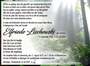 Traueranzeige von Elfriede Lischewski von Südthüringer Presse