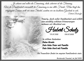 Traueranzeige von Hubert Schulz von Südthüringer Presse