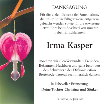 Traueranzeige von Irma Kasper von Südthüringer Presse