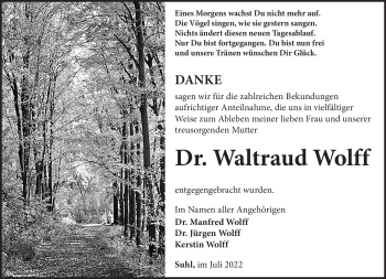 Traueranzeige von Waltraud Wolff von Südthüringer Presse