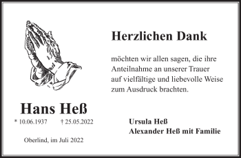 Traueranzeige von Hans Heß von Südthüringer Presse