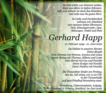 Traueranzeige von Gerhard Happ von Südthüringer Presse