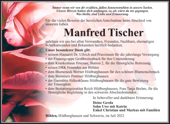 Traueranzeige von Manfred Tischer von Südthüringer Presse