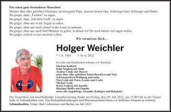 Traueranzeige von Holger Weichler von Südthüringer Presse