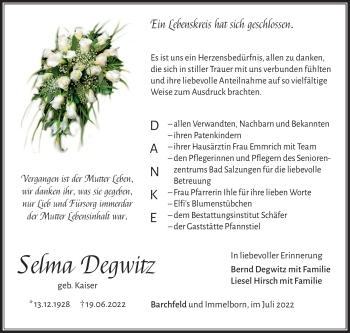 Traueranzeige von Selma Degwitz von Südthüringer Presse