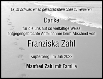 Traueranzeige von Franziska Zahl von Frankenpost