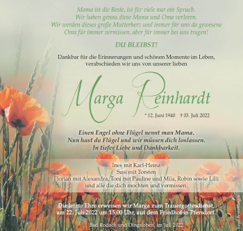 Traueranzeige von Marga Reinhardt von Südthüringer Presse