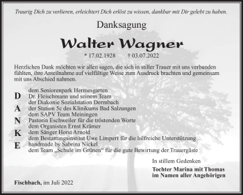 Traueranzeige von Walter Wagner von Südthüringer Presse