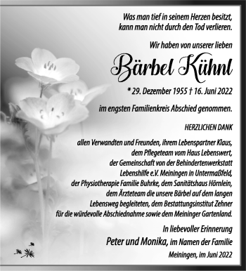 Traueranzeige von Bärbel Kühnl von Südthüringer Presse