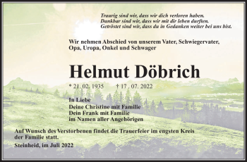 Traueranzeige von Helmut Döbrich von Südthüringer Presse