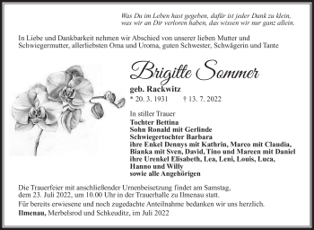 Traueranzeige von Brigitte Sommer von Südthüringer Presse