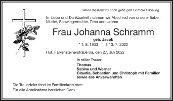 Traueranzeige von Johanna Schramm von Frankenpost