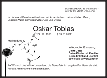 Traueranzeige von Oskar Tobias von Frankenpost