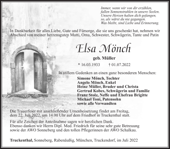Traueranzeige von Elsa Mönch von Südthüringer Presse