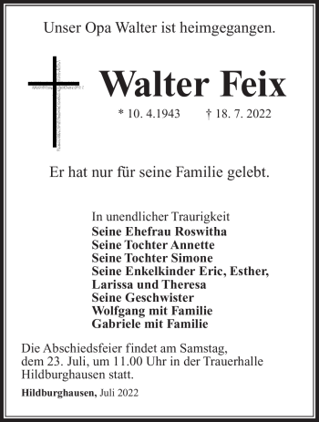 Traueranzeige von Walter Feix von Südthüringer Presse
