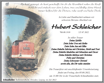 Traueranzeige von Hubert Schleicher von Südthüringer Presse
