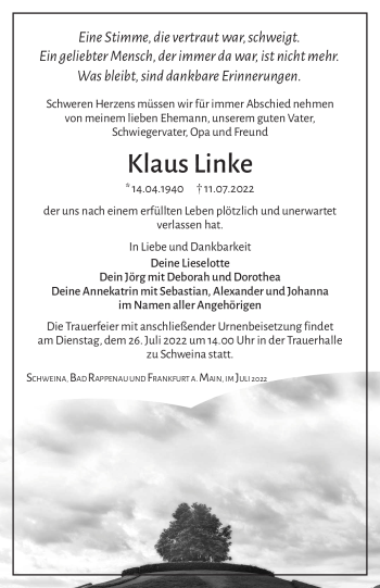 Traueranzeige von Klaus Linke von Südthüringer Presse